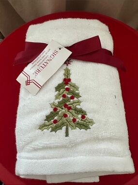 Signature White Towel with Green Embroidered Christmas Tree and Red Accents